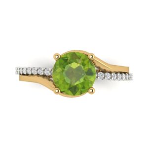 Clara Pucci 1.9ct Round Cut Solitaire Genuine Natural Pure Green Peridot designer Statement with accent Ring 14k 2 tone Yellow Gold