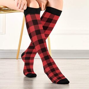 Compression Socks for Men and Women Circulation Wide Calf Knee High Socks Support for Running Medical Travel, Buffalo Plaid Red Black, 1 Pairs