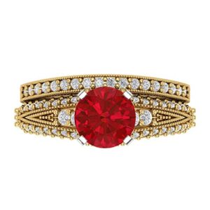 Clara Pucci 2.04 carat Round Cut Solitaire accent Simulated Red Ruby Wedding Anniversary Bridal ring band set 14k 2 Tone Gold 11