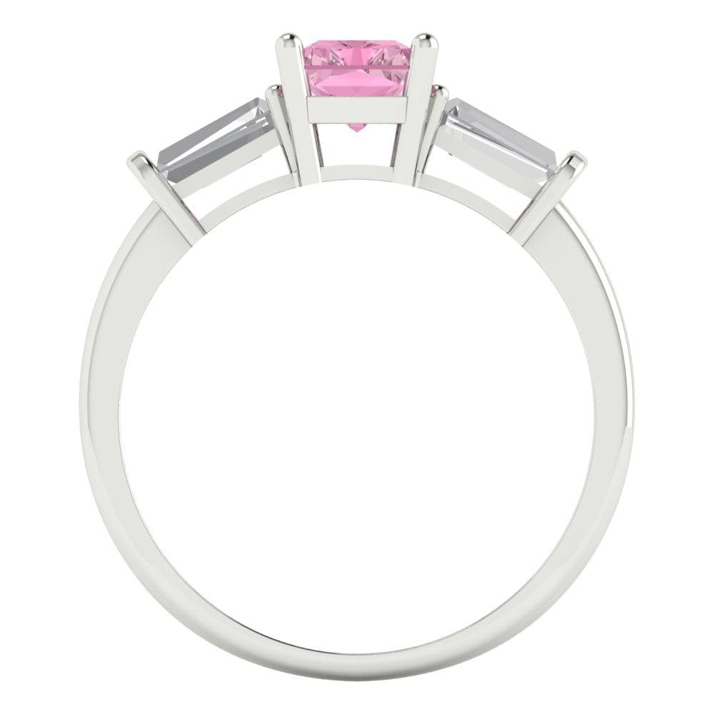 2.0 ct Emerald cut 3 stone Solitaire Pink Simulated Diamond Designer Anniversary Bridal Engagement Ring 14k White Gold 6