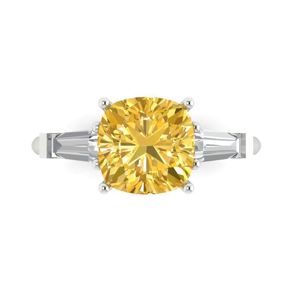 Clara Pucci 3.50ct Cushion cut 3 stone Solitaire Yellow Simulated Diamond Designer Anniversary Bridal Engagement Ring 14k White Gold 7.25