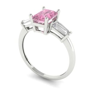 2.0 ct Emerald cut 3 stone Solitaire Pink Simulated Diamond Designer Anniversary Bridal Engagement Ring 14k White Gold 6