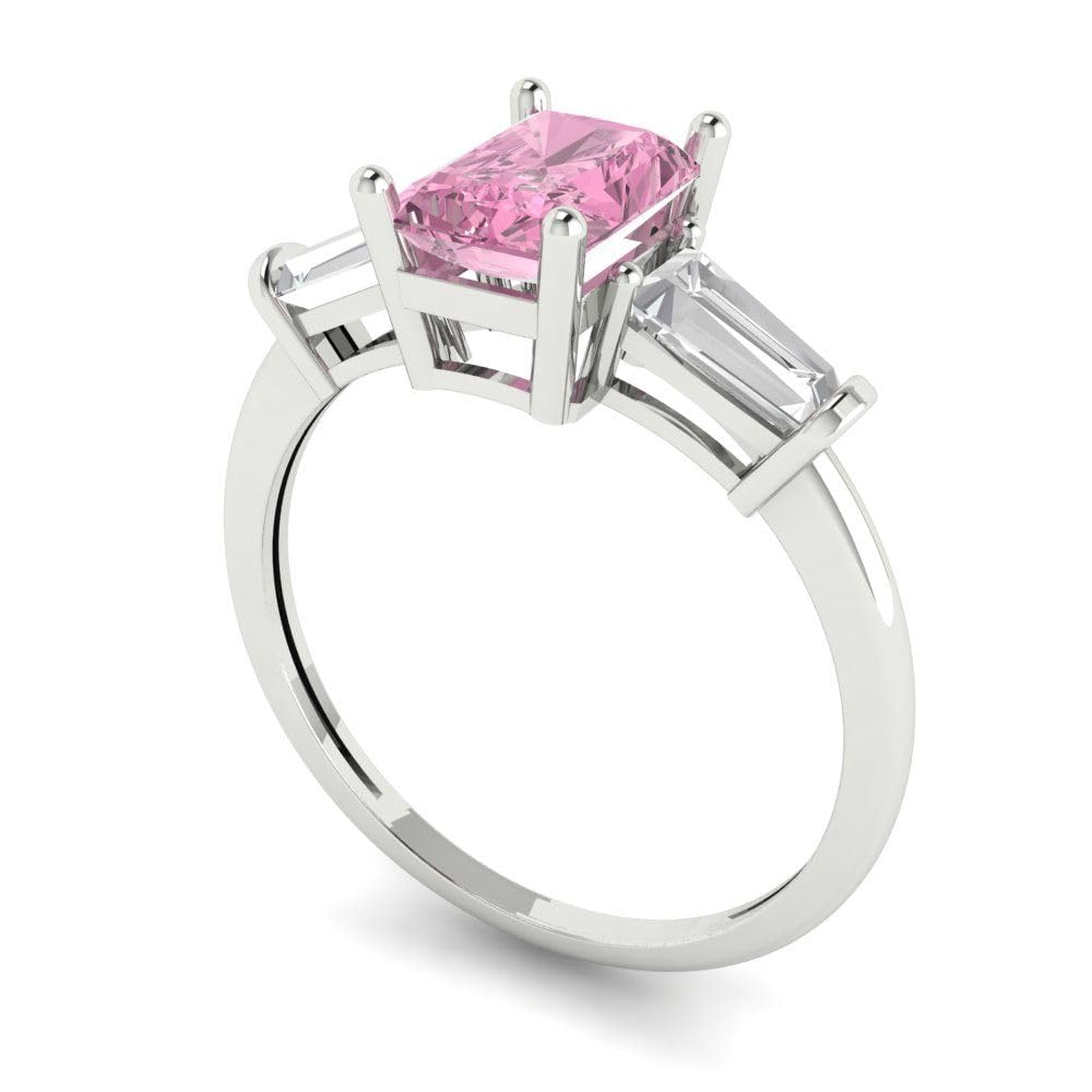 2ct Emerald cut 3 stone Solitaire Pink Simulated Diamond Designer Anniversary Bridal Engagement Ring 14k White Gold 4.25