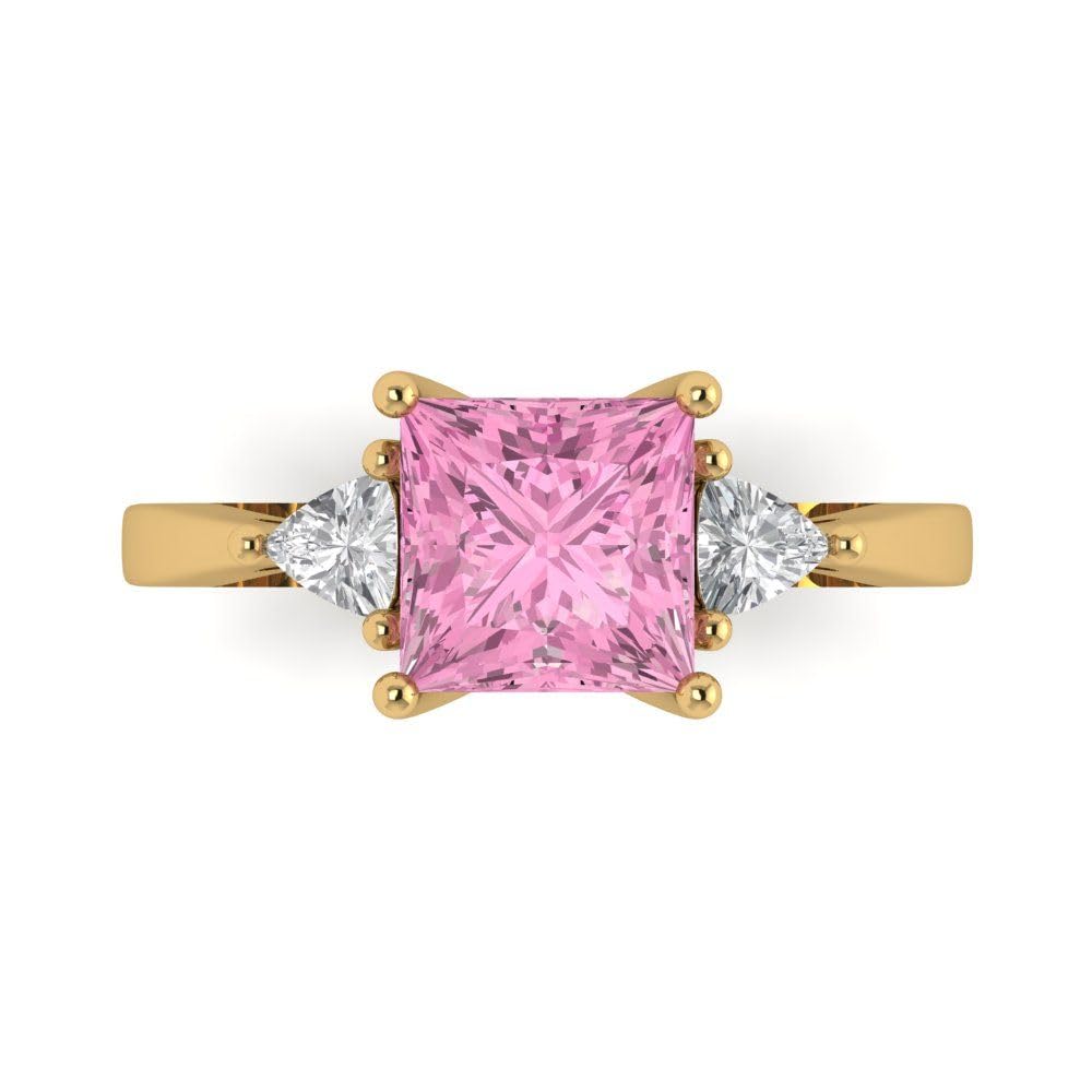 Clara Pucci 2.3ct Princess cut 3 stone Solitaire Pink Simulated Diamond Proposal Designer Wedding Anniversary Bridal Ring 14k Yellow Gold