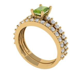 Clara Pucci 1.35 carat Emerald Cut Solitaire Natural Vivid Peridot Engagement Wedding Anniversary Bridal Ring band set 14k Yellow Gold 11