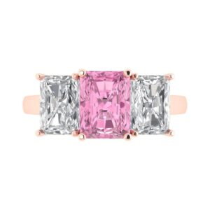 Clara Pucci 3.97ct Emerald Cut 3 Stone Solitaire with Accent Pink Diamond designer Modern Statement Ring Solid 14k Rose Gold