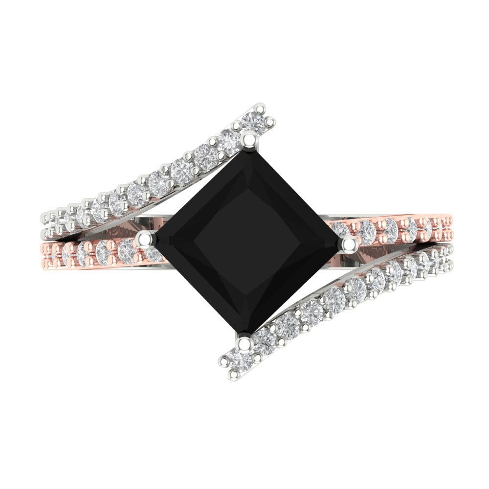 2.39ct Princess Cut Criss Cross Solitaire Black Onyx Designer Wedding Bridal art deco Anniversary Ring 14k 2 tone Gold 6.5