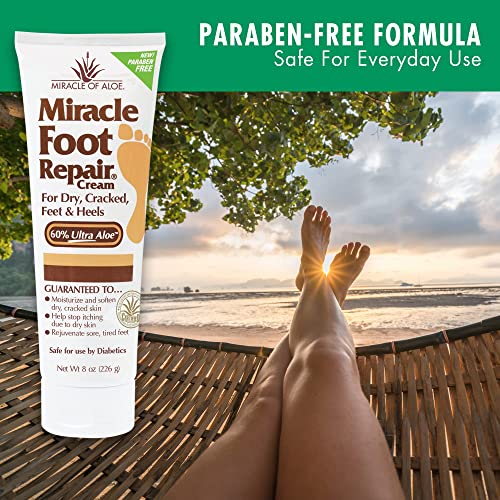 Miracle Foot Repair Cream (8 oz) Repairs Dry Cracked Heels and Feet, 60% Pure UltraAloe Moisturizes, Softens, and Repairs