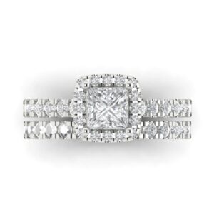 Clara Pucci 1.54 carat Princess Cut Halo Solitaire White Sapphire Bridal Wedding Anniversary Ring band set 14k White Gold 8.25