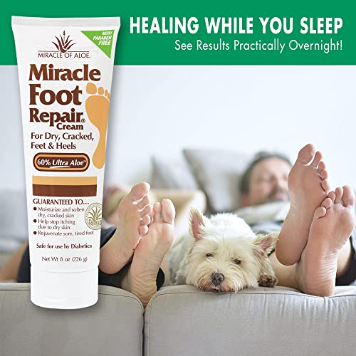 Miracle Foot Repair Cream (8 oz) Repairs Dry Cracked Heels and Feet, 60% Pure UltraAloe Moisturizes, Softens, and Repairs