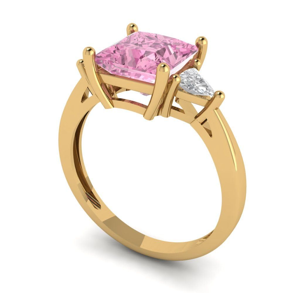 Clara Pucci 2.3ct Princess cut 3 stone Solitaire Pink Simulated Diamond Proposal Designer Wedding Anniversary Bridal Ring 14k Yellow Gold