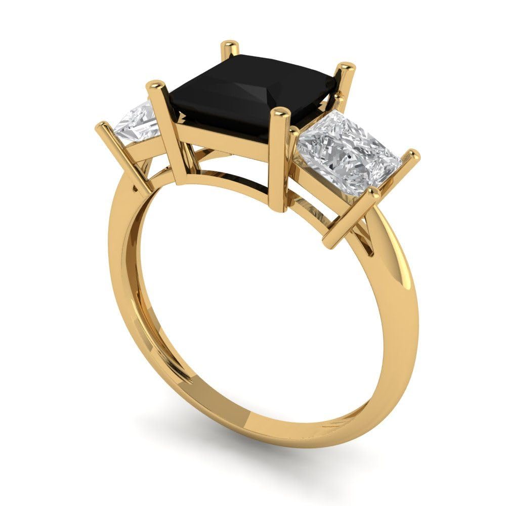 Clara Pucci 2.97ct Princess Cut 3 Stone Solitaire with Accent Natural Black Onyx designer Modern Statement Ring 14k Yellow Gold Size 7