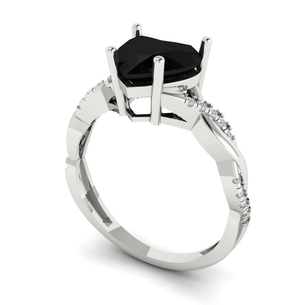 Clara Pucci 2.16ct Heart Cut Criss Cross Twisted Solitaire Halo Natural Black Onyx designer Modern Statement Ring 14k White Gold Size 4