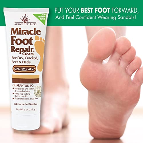 Miracle Foot Repair Cream (8 oz) Repairs Dry Cracked Heels and Feet, 60% Pure UltraAloe Moisturizes, Softens, and Repairs