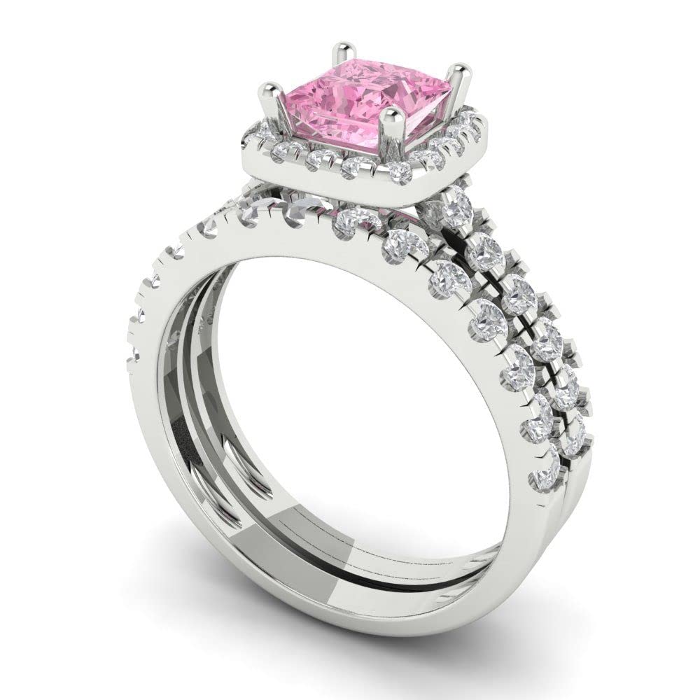 Clara Pucci 1.6ct Princess Cut Halo Solitaire Pink Simulated Diamond Engagement Promise Anniversary Bridal Ring Band set 14k White Gold 7