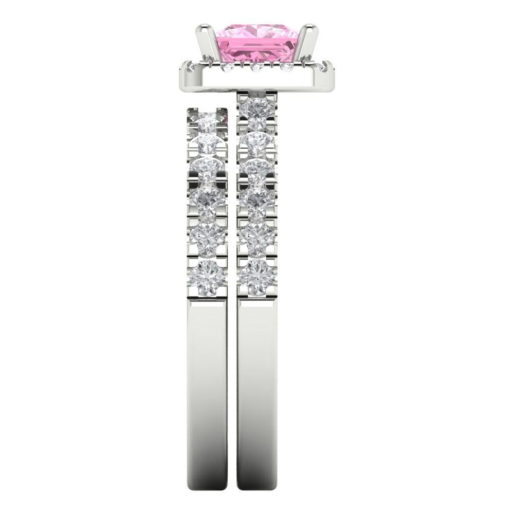 Clara Pucci 1.6ct Princess Cut Halo Solitaire Pink Simulated Diamond Engagement Promise Anniversary Bridal Ring Band set 14k White Gold 7