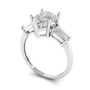 Clara Pucci 2.47ct Pear Baguette cut 3 stone Solitaire Stunning White lab created Sapphire Modern Ring 14k White Gold 5.5