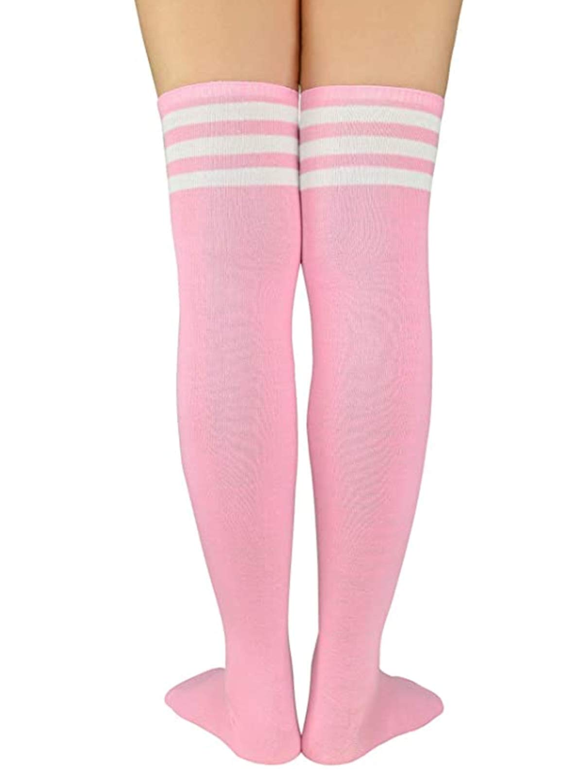 Century Star Women's Casual Athlete Striped Over Knee Socks Thin Thigh High Tights Stockings 1 Pair Pink White One Size