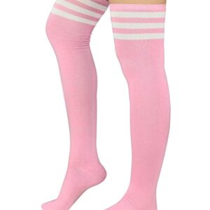 Century Star Women's Casual Athlete Striped Over Knee Socks Thin Thigh High Tights Stockings 1 Pair Pink White One Size