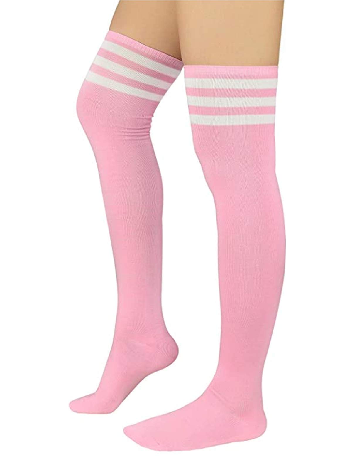 Century Star Women's Casual Athlete Striped Over Knee Socks Thin Thigh High Tights Stockings 1 Pair Pink White One Size