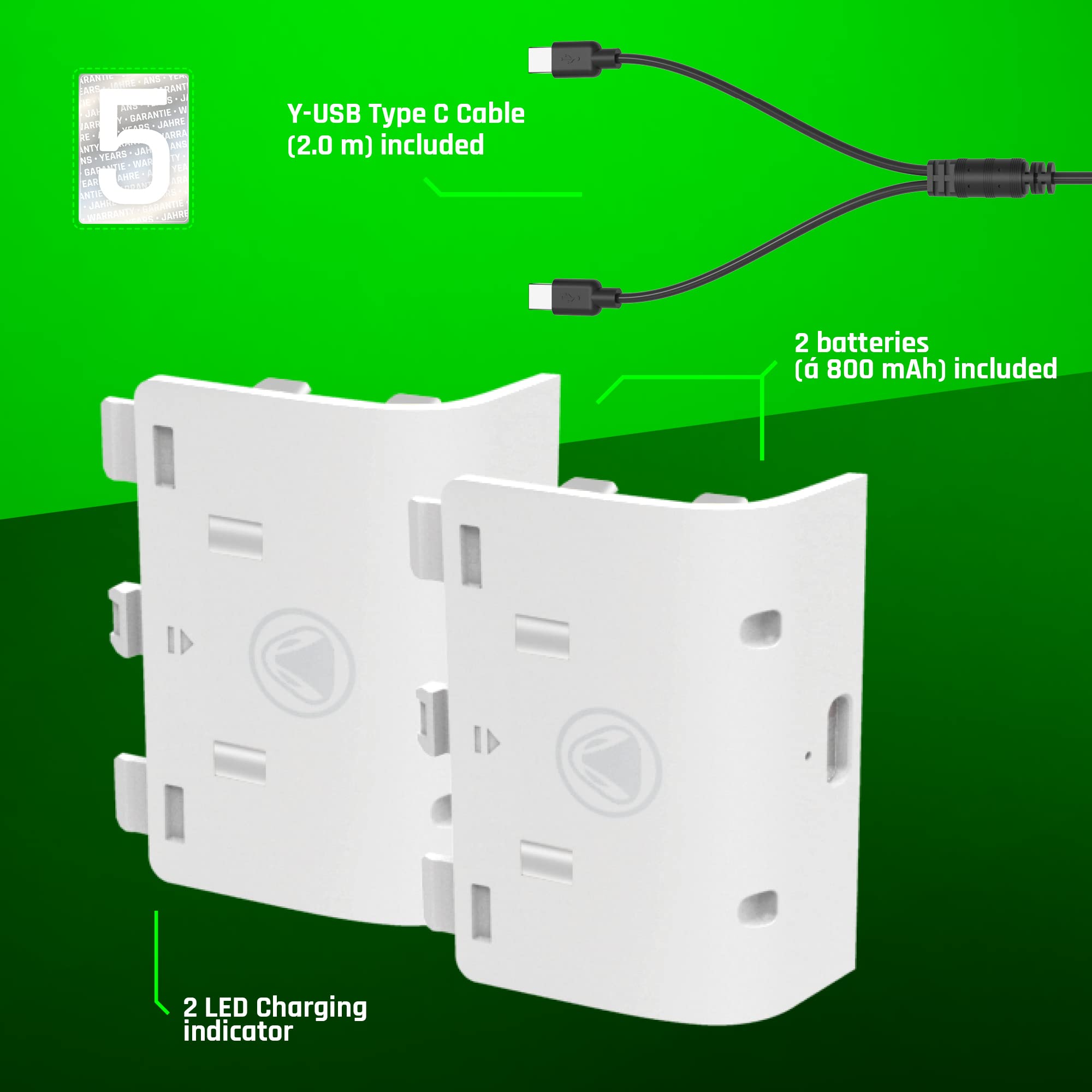 snakebyte Xbox Battery KIT SX - White - 2 Rechargeable Series X Controller Batteries a 800mAh, comp. with Xbox Twin Charge SX and All Xbox Series X Gamepads, incl. 2m Dual USB Type-C, Y-Charge Cable