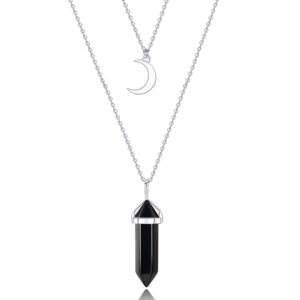 XIANNVXI Crescent Moon Necklace Black Obsidian Healing Crystal Stone Point Pendant Necklaces Spiritual Reiki Witch Gemstone Layered Dainty Jewelry for Women