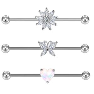 CHARM ONLINE 3PCS 14G Butterfly Flower Stainless Industrial Barbell Sparkly CZ Ear Industrial Piercing Bar for Women Men