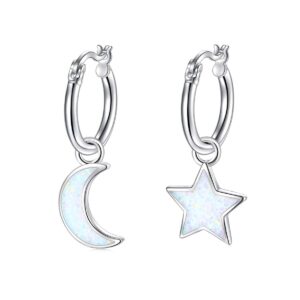 Star and Moon Friendship Earrings Created Opal Hoop Drop Dangle Earrings 925 Sterling Silver Star Moon Fans Best Valentines Day Birthday Gifts