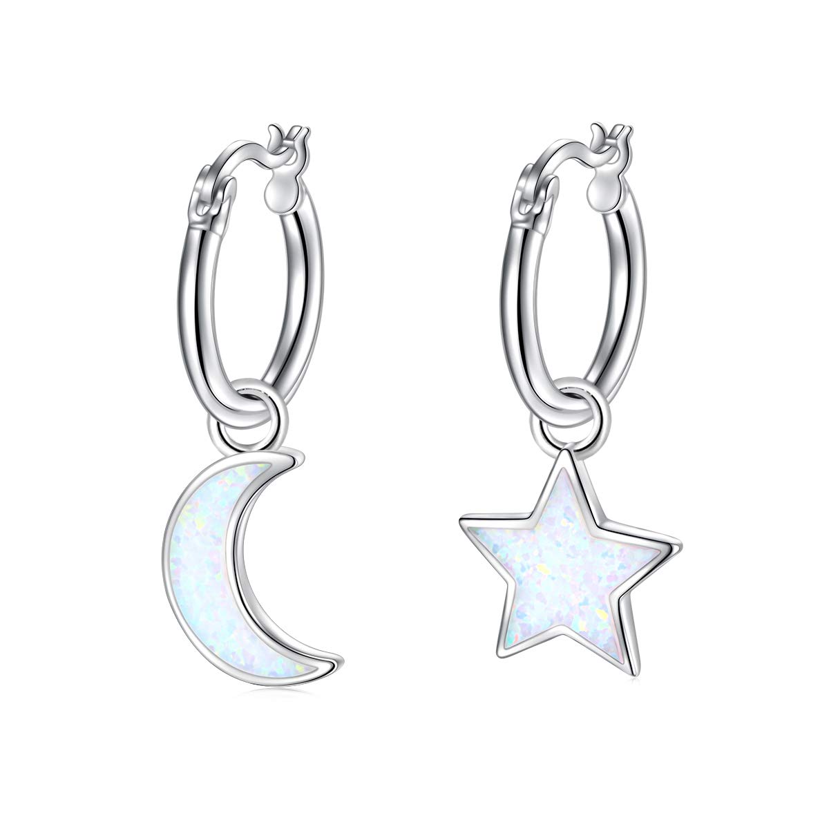 Star and Moon Friendship Earrings Created Opal Hoop Drop Dangle Earrings 925 Sterling Silver Star Moon Fans Best Valentines Day Birthday Gifts