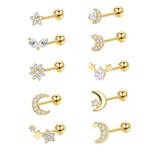 LOYALLOOK 10Pcs Cartilage Earrings Helix Tragus Earring Moon and Star Earrings CZ Heart Flower Barbell Surgical Steel Cartilage Earrings for Women Men Gold Tone