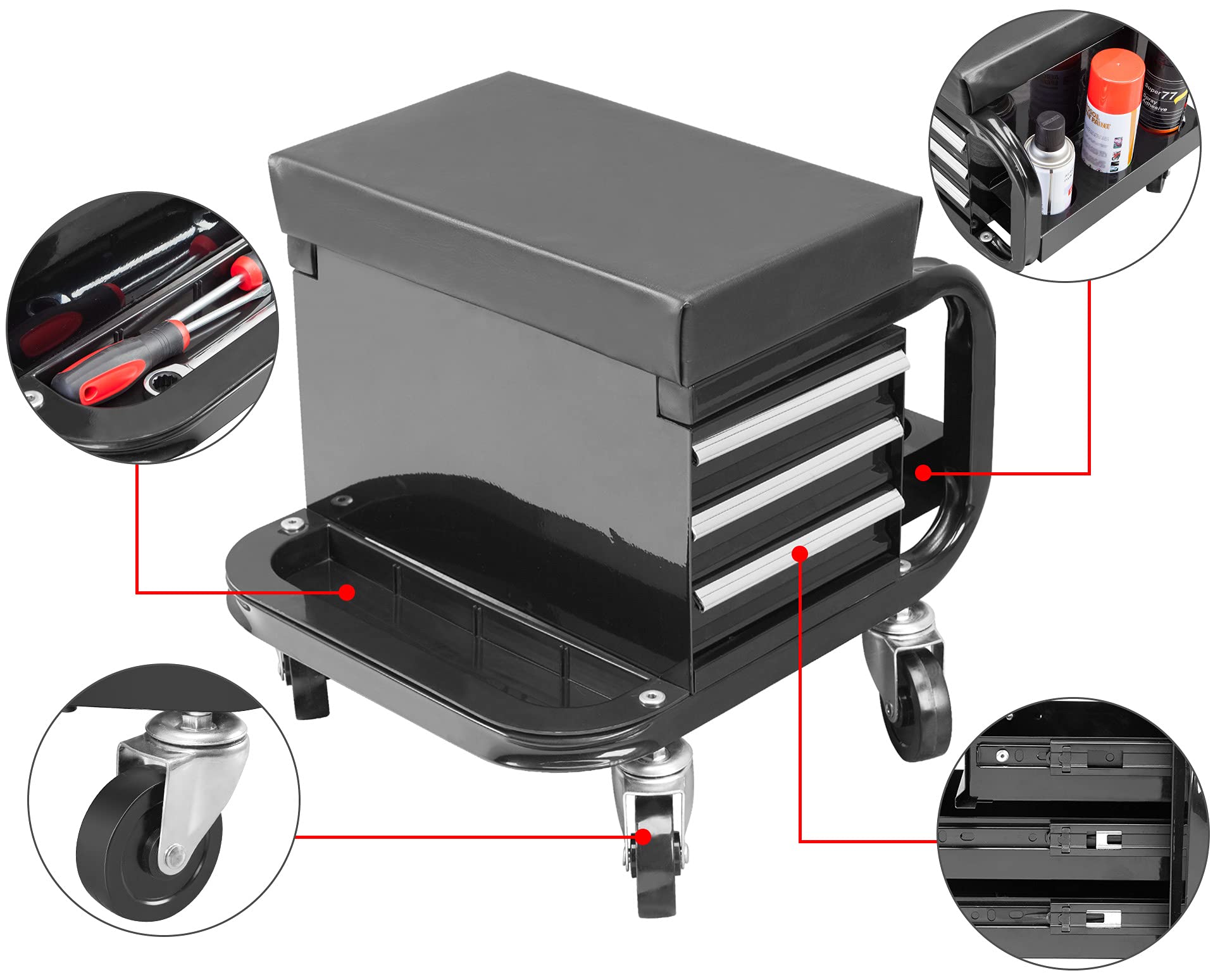 ROAD DAWG APD2016AD Torin Rolling Tool Chest/Tool Box with 3 Drawers and Wheels, Padded Mechanic Stool Creeper Seat, Black