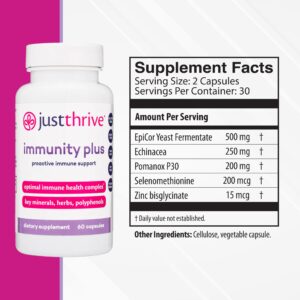 Just Thrive Immunity Plus - Vegan Gut Health and Immune Support Supplement for Kids and Adults, 60 Capsules