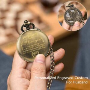 oyeaho Pocket Watches, Pocket Watch to Husband King, Personalized Pocket Watches for Men with Chain, Gifts for Love (a1.Bronze Eagle - to my husband)