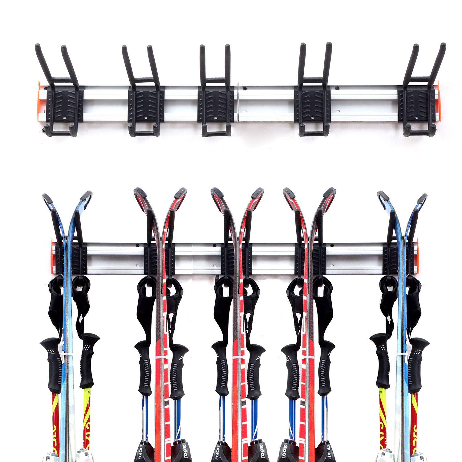 Homeon Wheels Aluminum Ski Storage Rack Holds 6 Pairs of Skis Ski Rack for Garage Wall Padded Hooks Ski Rack Wall Max 300 lbs.