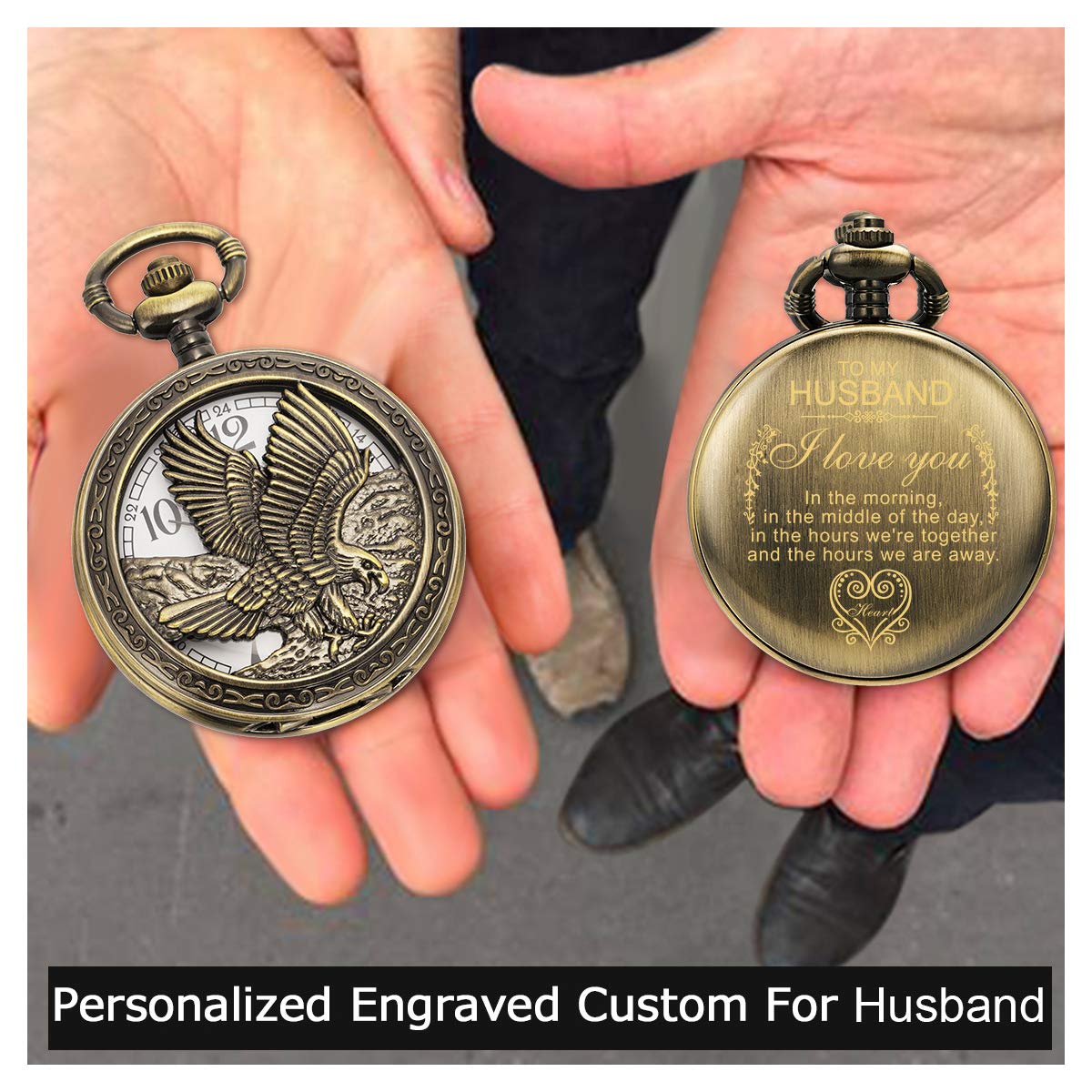 oyeaho Pocket Watches, Pocket Watch to Husband King, Personalized Pocket Watches for Men with Chain, Gifts for Love (a1.Bronze Eagle - to my husband)