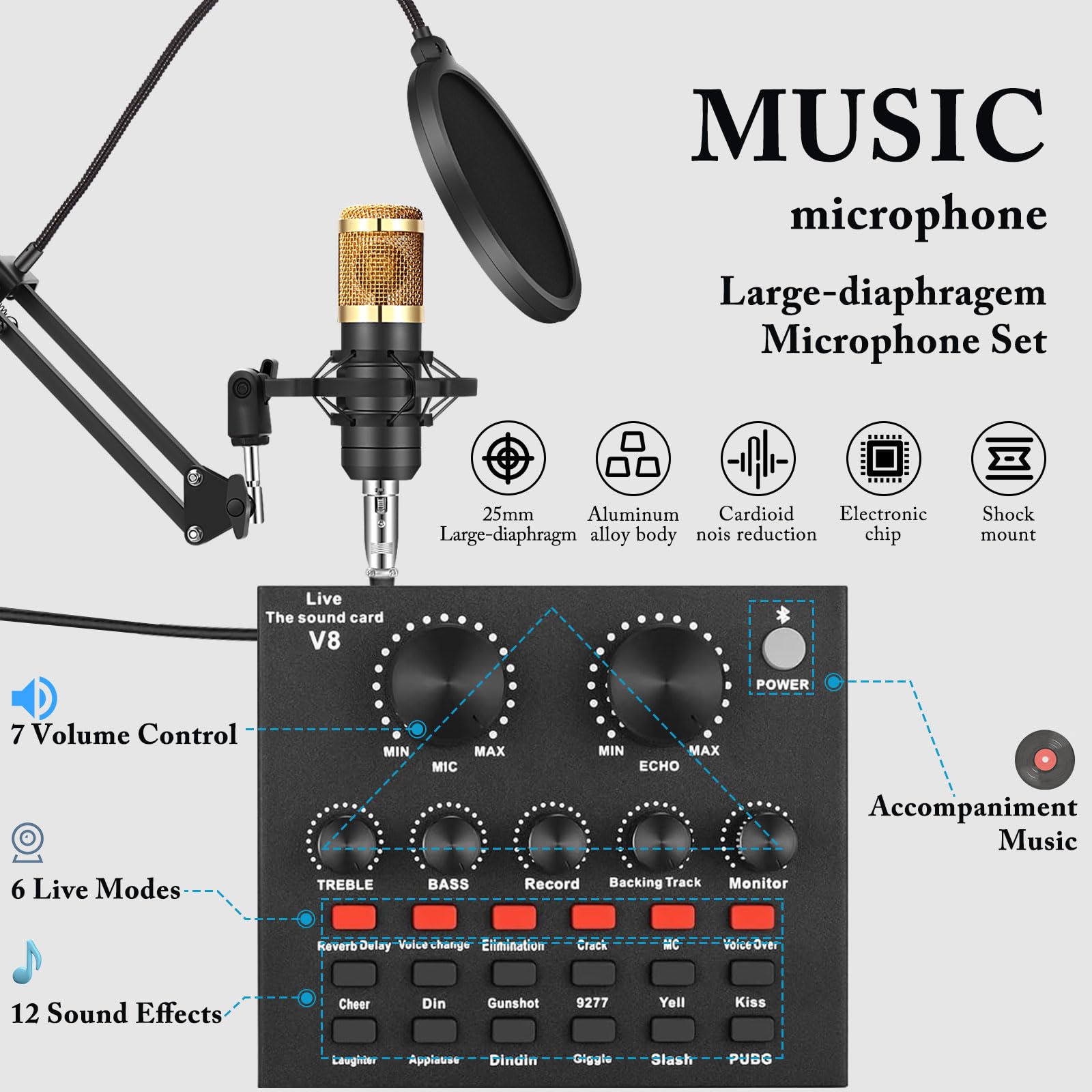 ALPOWL Podcast Equipment Bundle, Audio Interface with All in One Live Sound Card and BM-800 Condenser Microphone, Perfect for Recording, Broadcasting, Live Streaming, YouTube, TikTok (BM800-V8G)