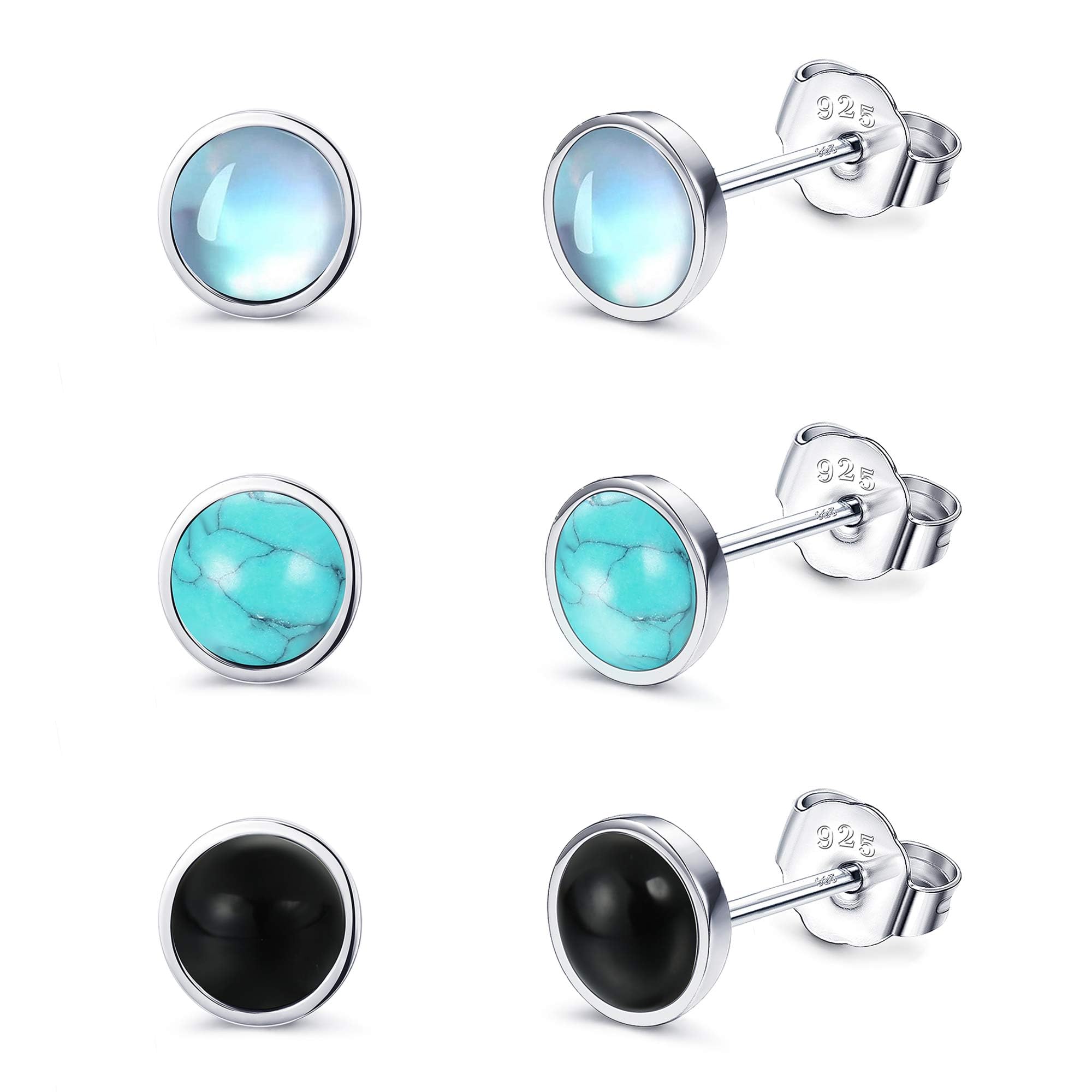 Fansilver 4MM 925 Sterling Silver Stud Earrings for Womens Moonstone Earrings Turquoise Black Earrings Round Gemstone Stud