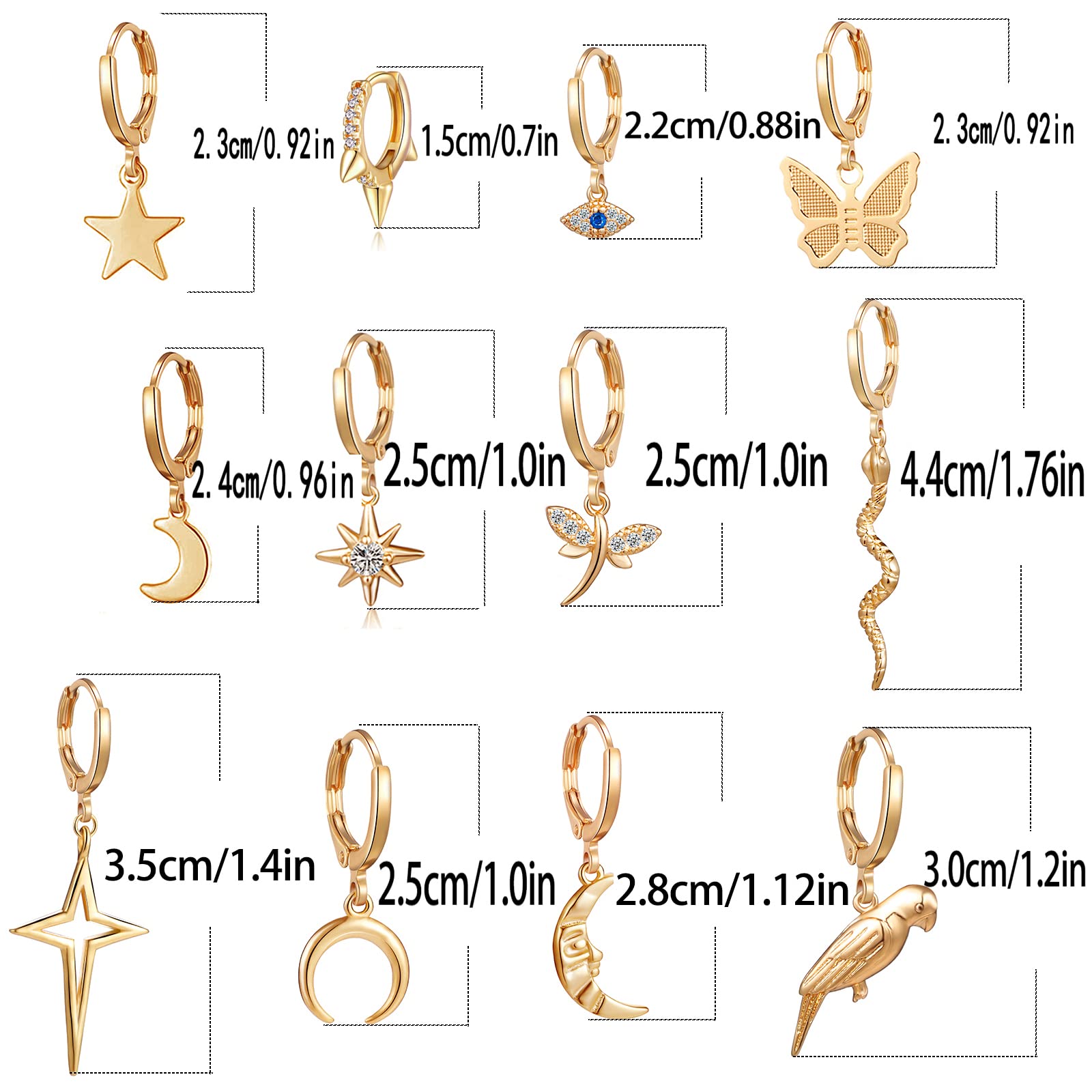 12 Pairs Gold Butterfly Dangle Earrings for Women - Mini Hoop Earrings for Women Butterfly Earrings Cartikage Earrings Snake Earrings Moon Star Earrings Sun Earrings Set for Women Cute Earrings Pack