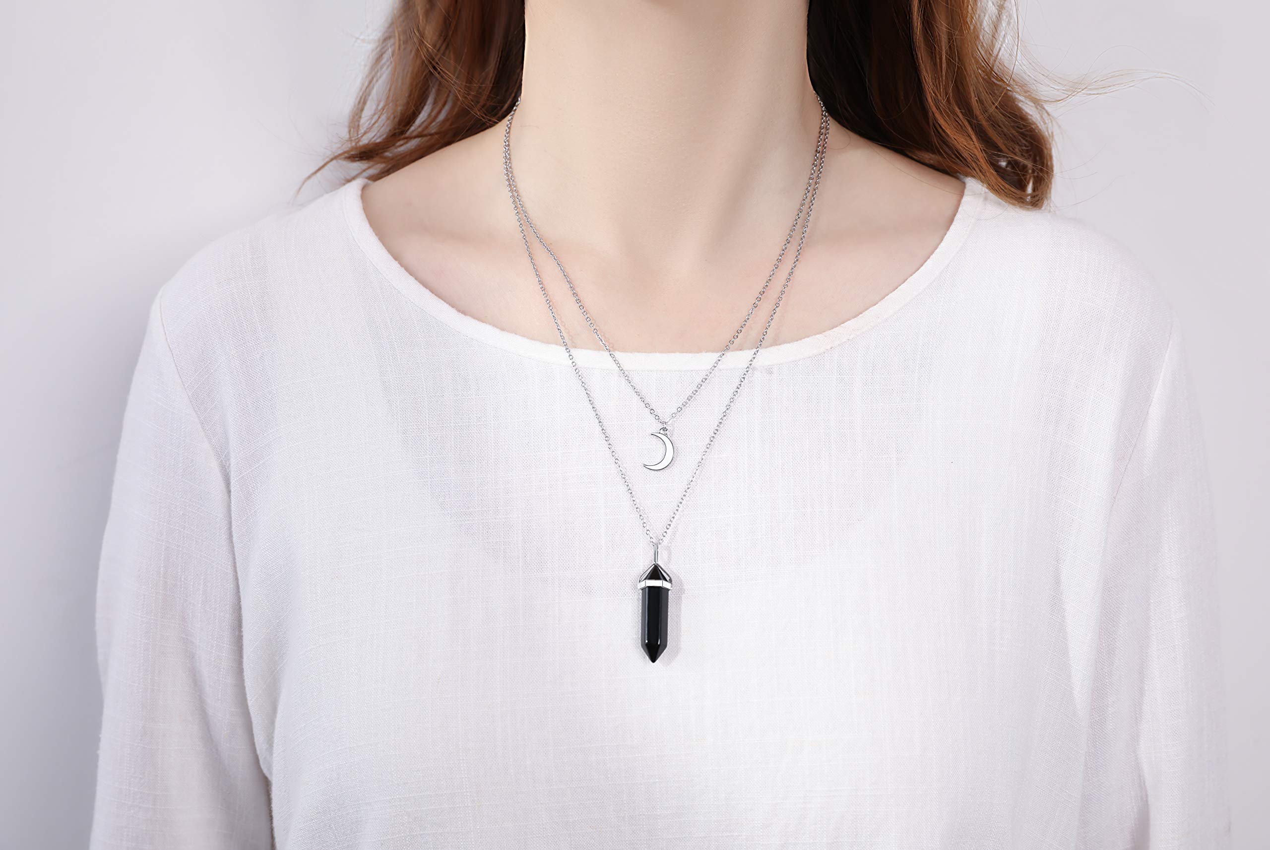 XIANNVXI Crescent Moon Necklace Black Obsidian Healing Crystal Stone Point Pendant Necklaces Spiritual Reiki Witch Gemstone Layered Dainty Jewelry for Women