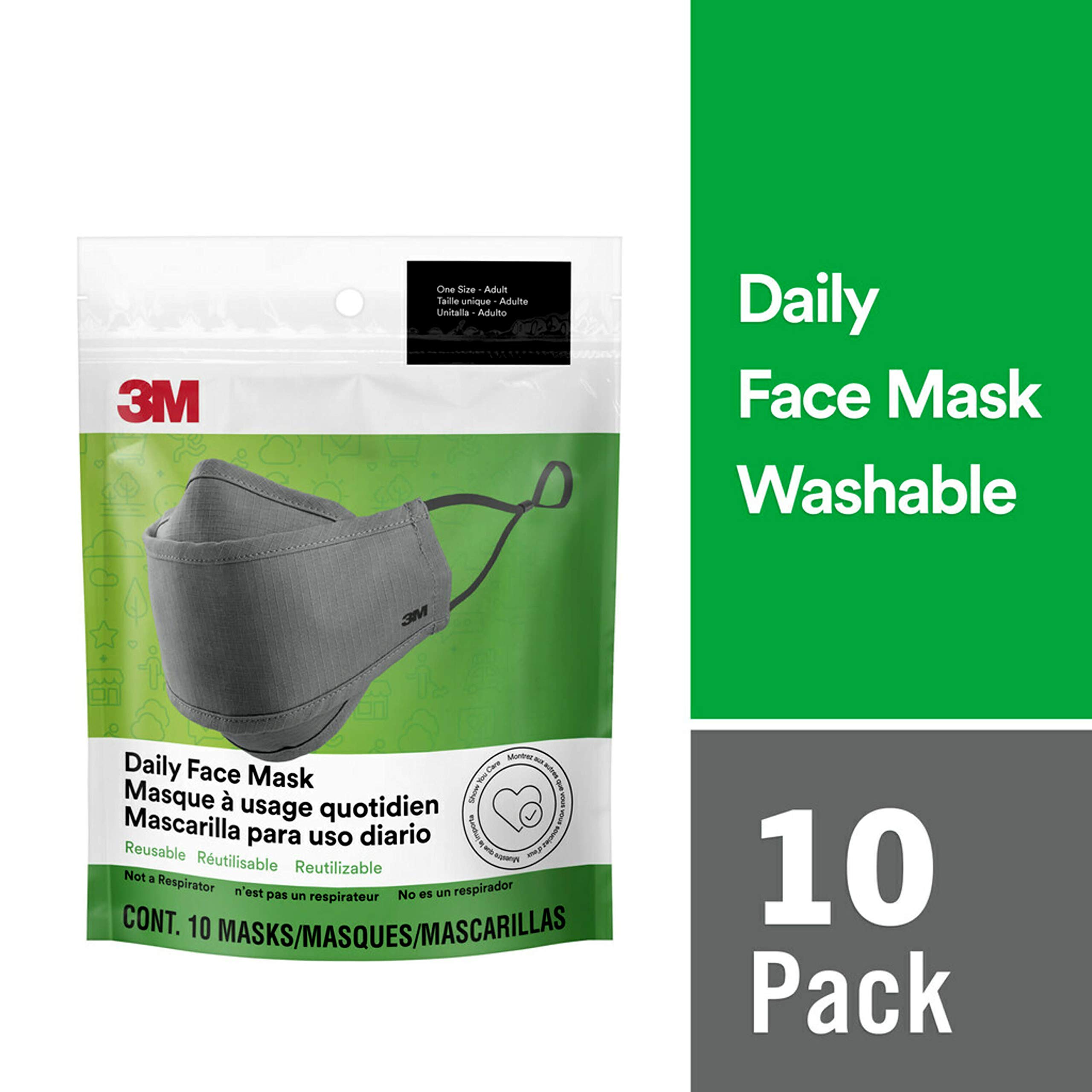 3M Daily Face Mask, Reusable, Washable, Adjustable Ear Loops, Lightweight Cotton Fabric, 12 Pack, Gray