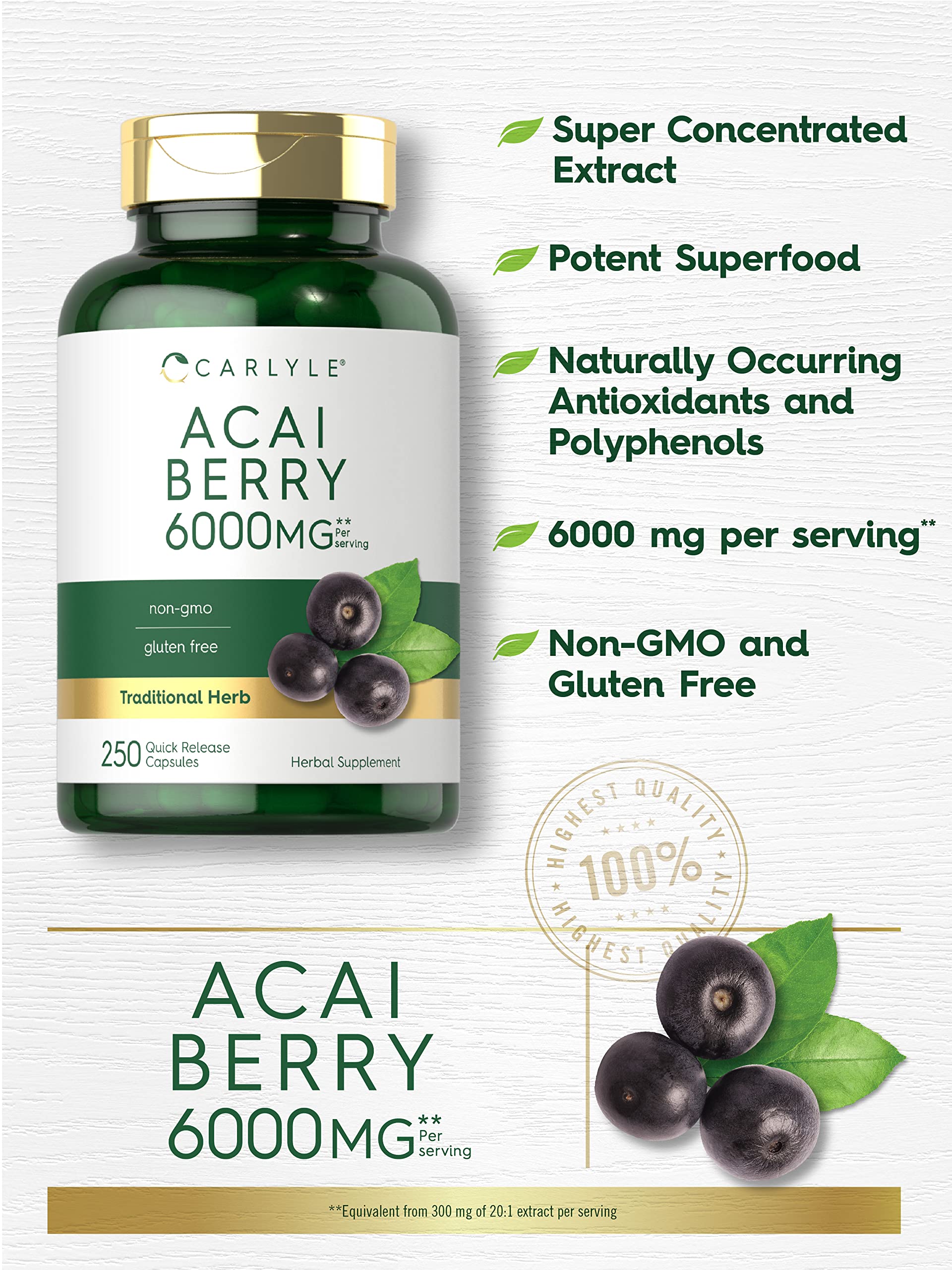 Carlyle Acai Berry Capsules 6000mg | 250 Count | Non-GMO & Gluten Free Acai Berry Extract