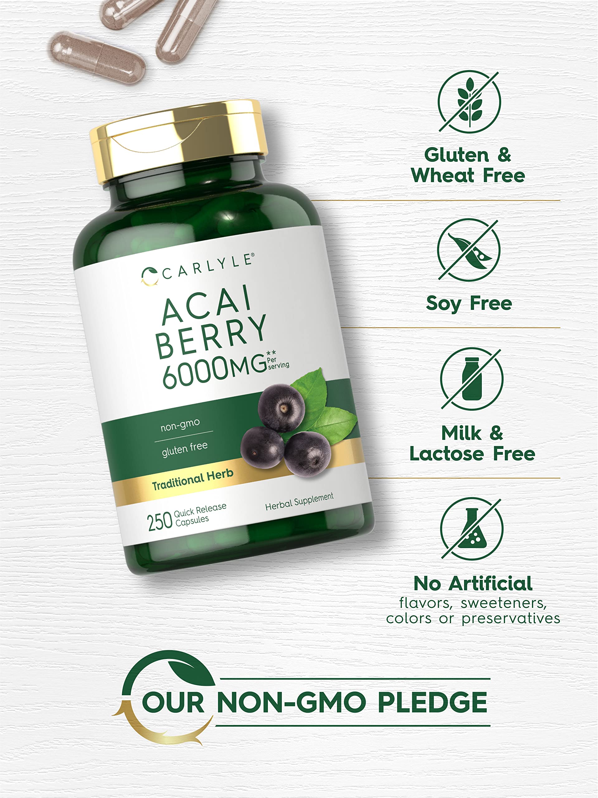 Carlyle Acai Berry Capsules 6000mg | 250 Count | Non-GMO & Gluten Free Acai Berry Extract