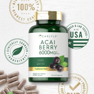 Carlyle Acai Berry Capsules 6000mg | 250 Count | Non-GMO & Gluten Free Acai Berry Extract