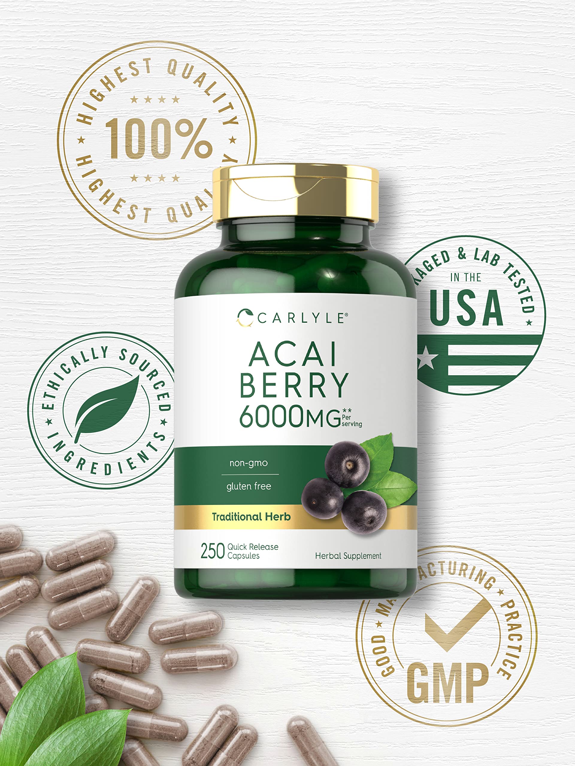 Carlyle Acai Berry Capsules 6000mg | 250 Count | Non-GMO & Gluten Free Acai Berry Extract