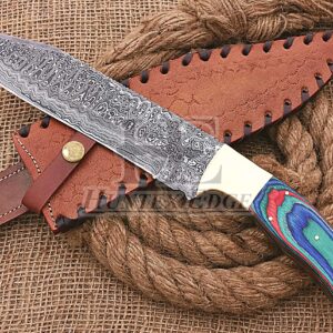 HUNTEX Handmade Hand-Forged Rain Drop Pattern Damascus Steel 14 Inch Long Full Tang Pakka Wood Handle Razor Sharp Hunting Camping Bowie Knife w/Genuine Leather Sheath