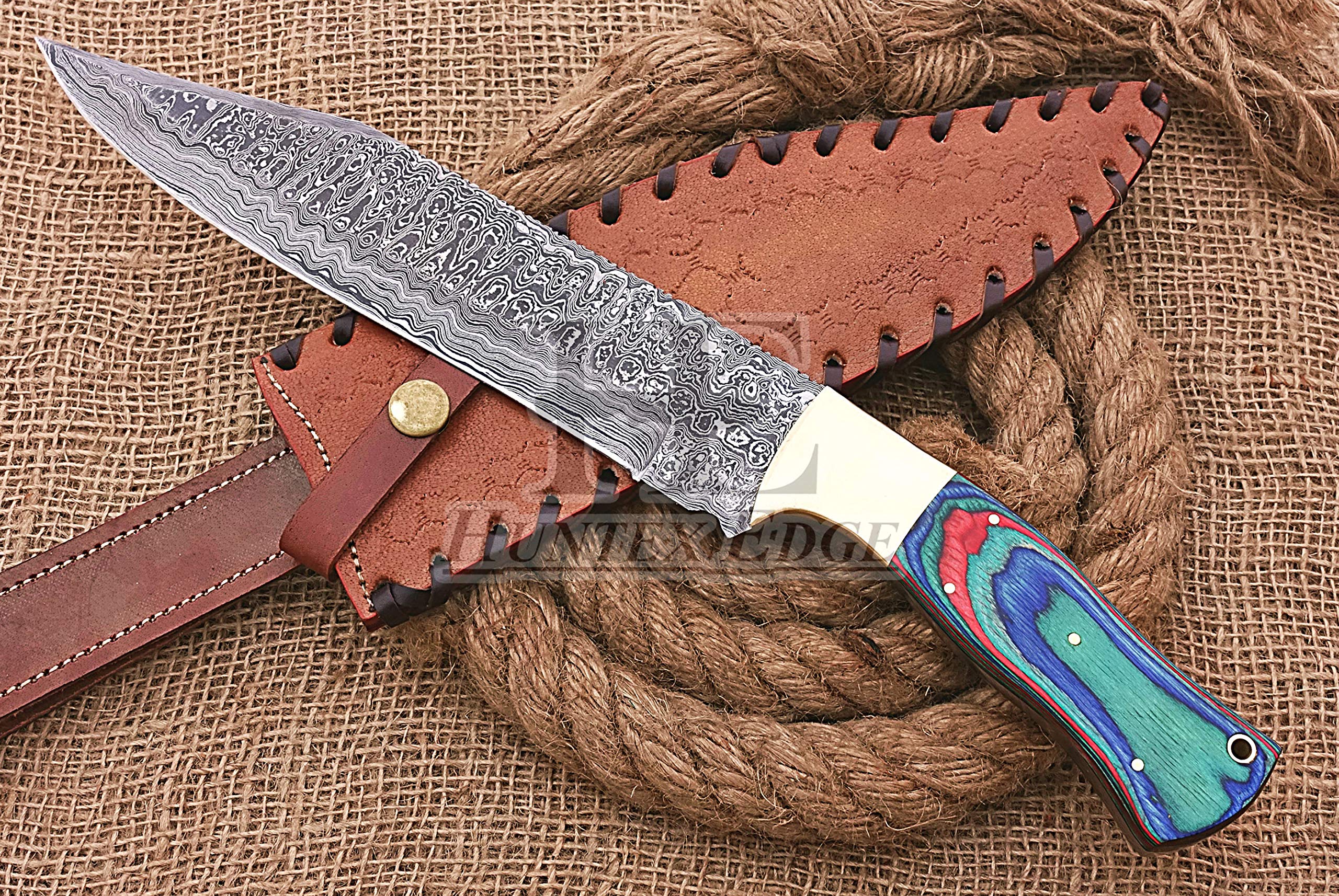 HUNTEX Handmade Hand-Forged Rain Drop Pattern Damascus Steel 14 Inch Long Full Tang Pakka Wood Handle Razor Sharp Hunting Camping Bowie Knife w/Genuine Leather Sheath