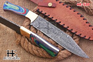 huntex handmade hand-forged rain drop pattern damascus steel 14 inch long full tang pakka wood handle razor sharp hunting camping bowie knife w/genuine leather sheath