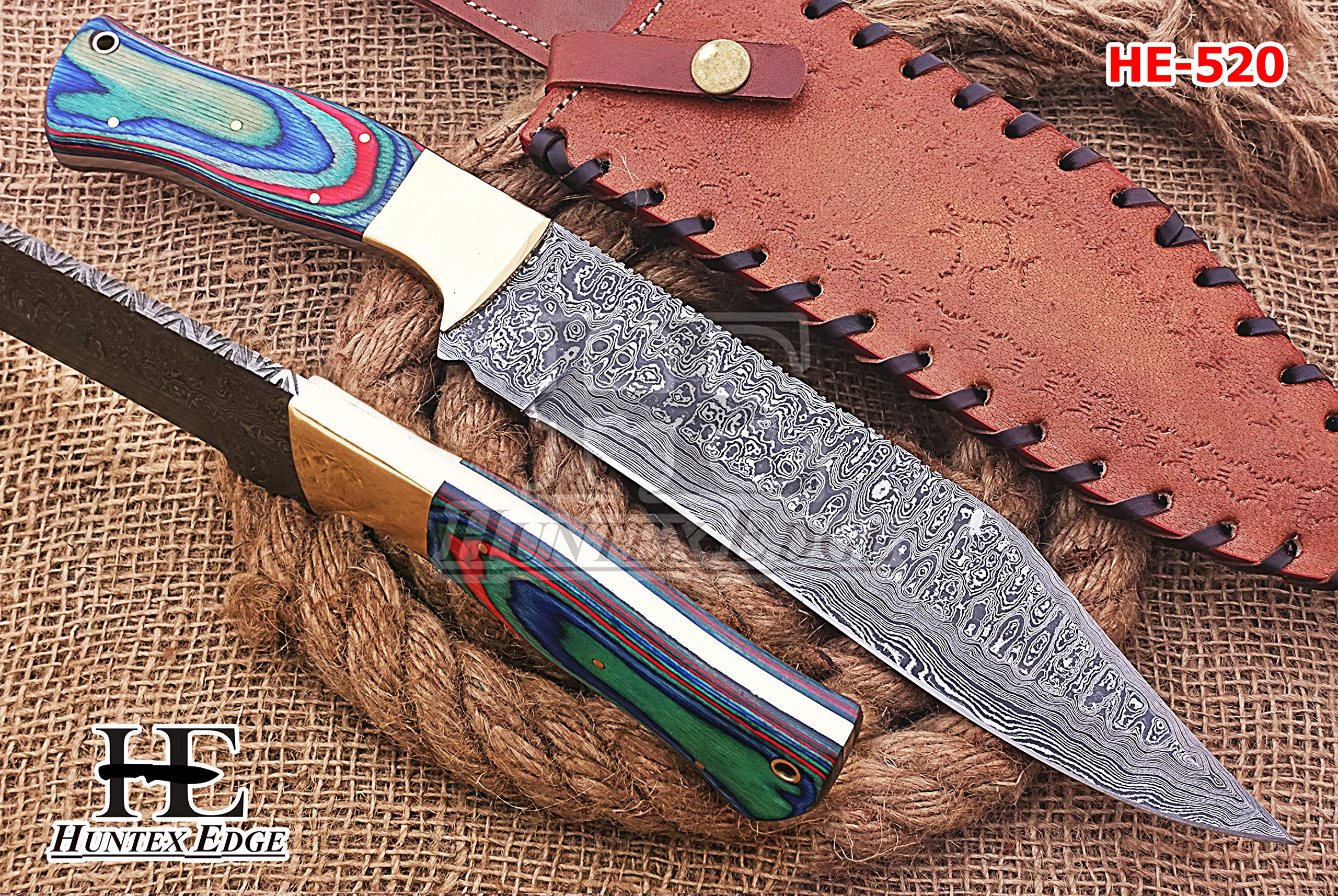 HUNTEX Handmade Hand-Forged Rain Drop Pattern Damascus Steel 14 Inch Long Full Tang Pakka Wood Handle Razor Sharp Hunting Camping Bowie Knife w/Genuine Leather Sheath