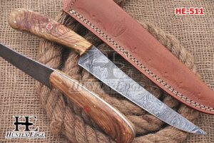 huntex handmade hand-forged twist pattern damascus steel 11.5 inch long full tang olive wood handle razor sharp hunting camping fillet knife w/genuine leather pouch