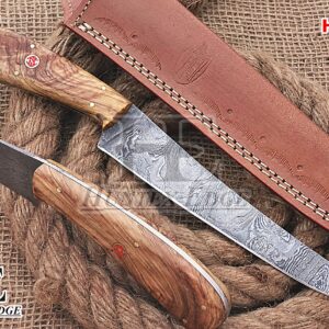 HUNTEX Handmade Hand-Forged Twist Pattern Damascus Steel 11.5 Inch Long Full Tang Olive Wood Handle Razor Sharp Hunting Camping Fillet Knife w/Genuine Leather Pouch